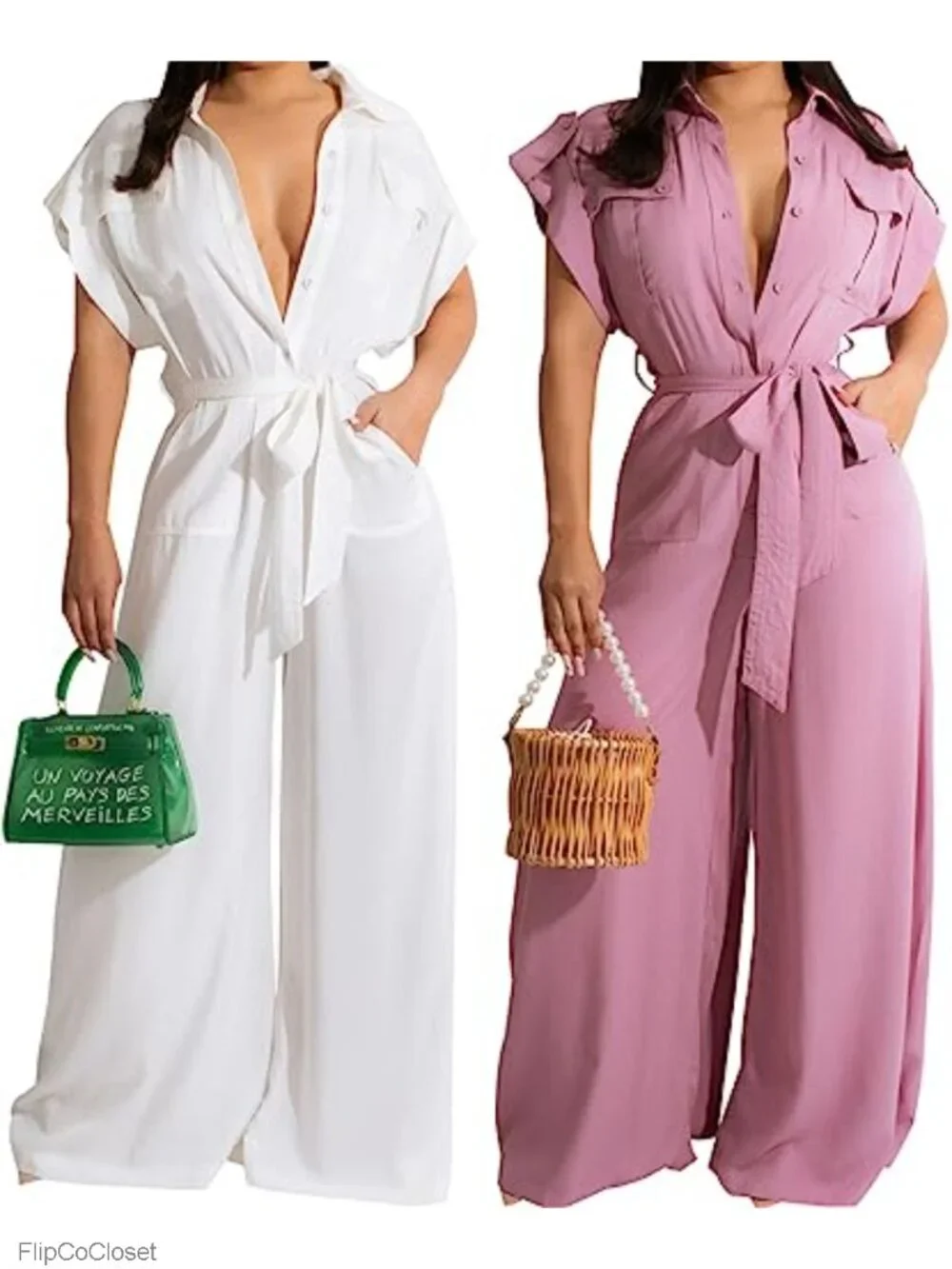 Wide Leg Jumpsuit with Belt Short Sleeve Loose Romper Club Party Work